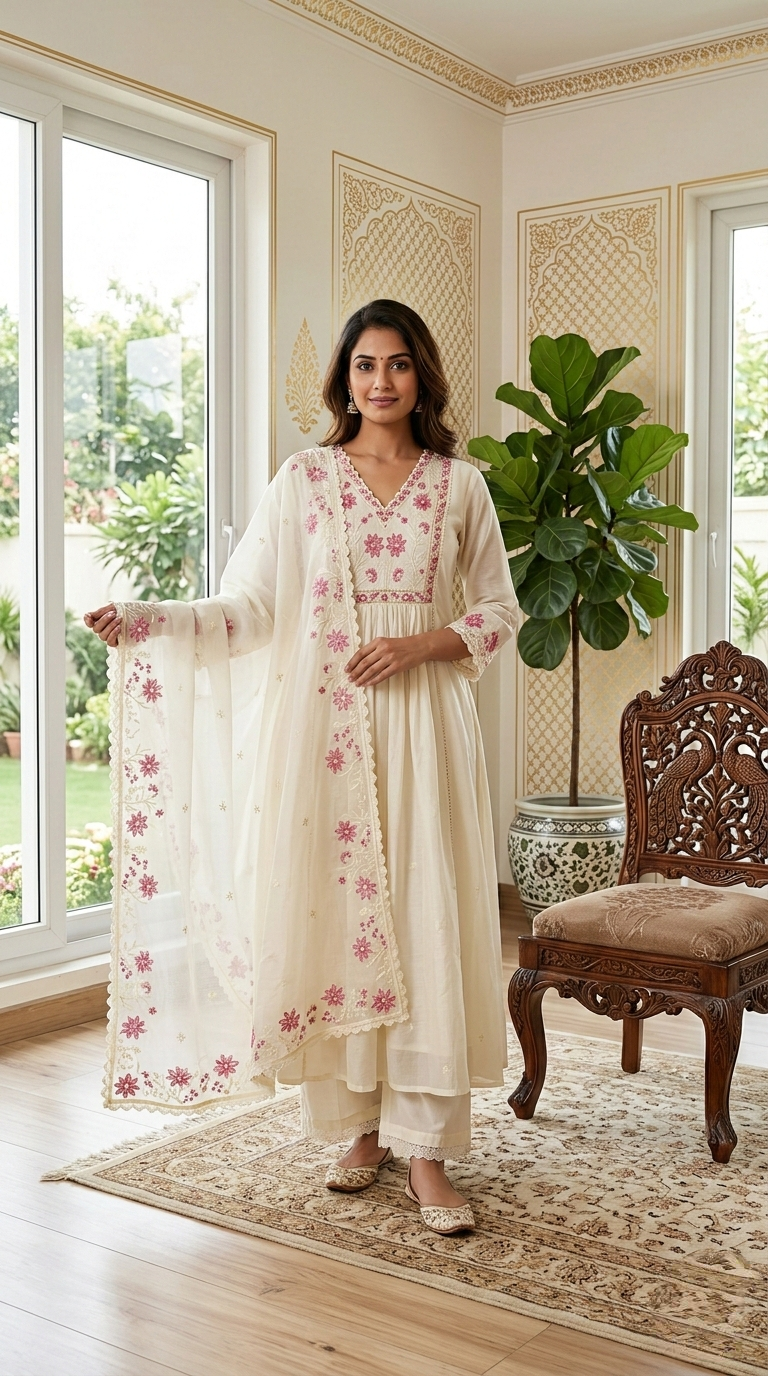 Women Off White Thread Work Mul Cotton Kurta Pant Dupatta Set