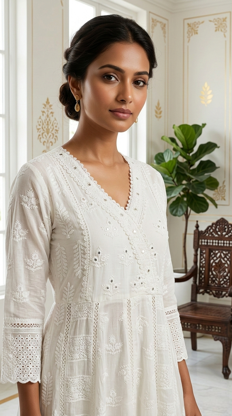 Women White Chikankari Work Mul Cotton Kurta Pant Dupatta Set