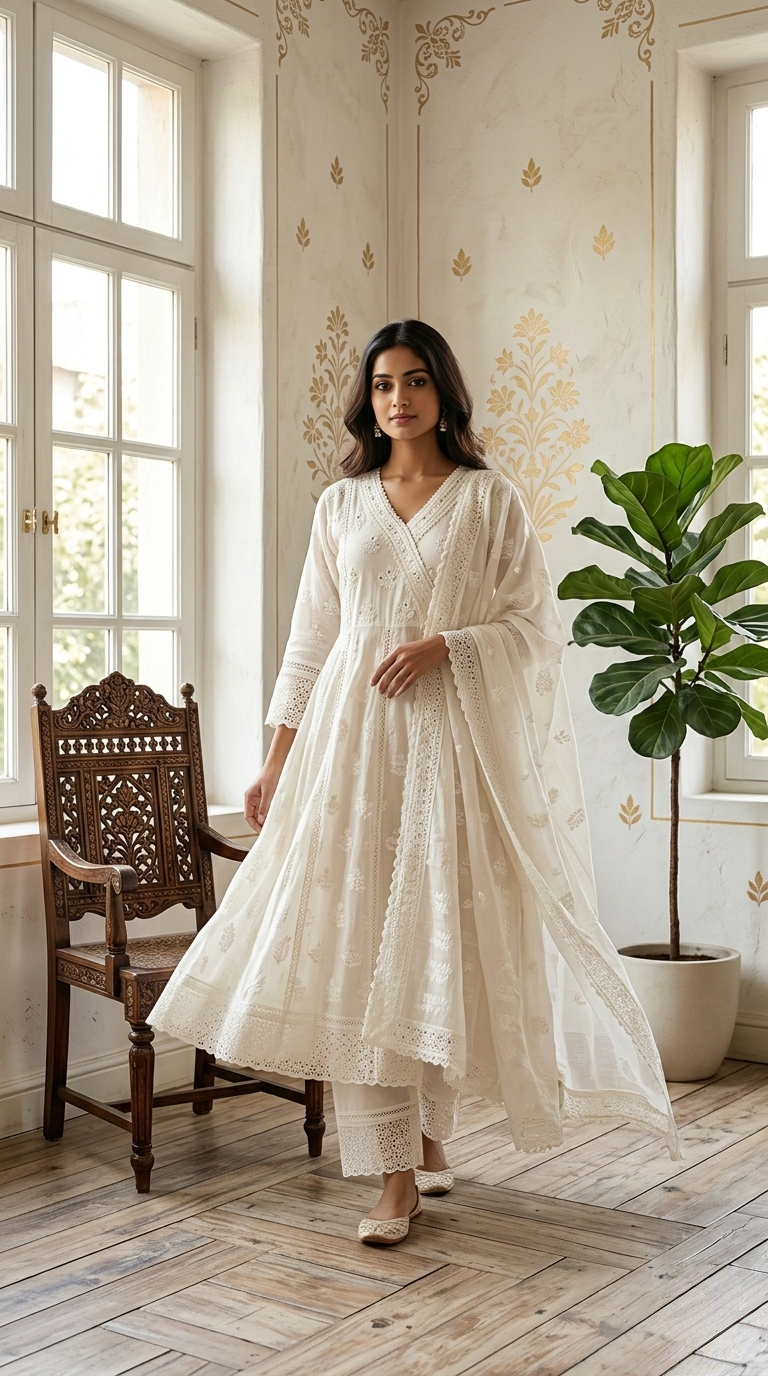 Women White Chikankari Work Mul Cotton Kurta Pant Dupatta Set