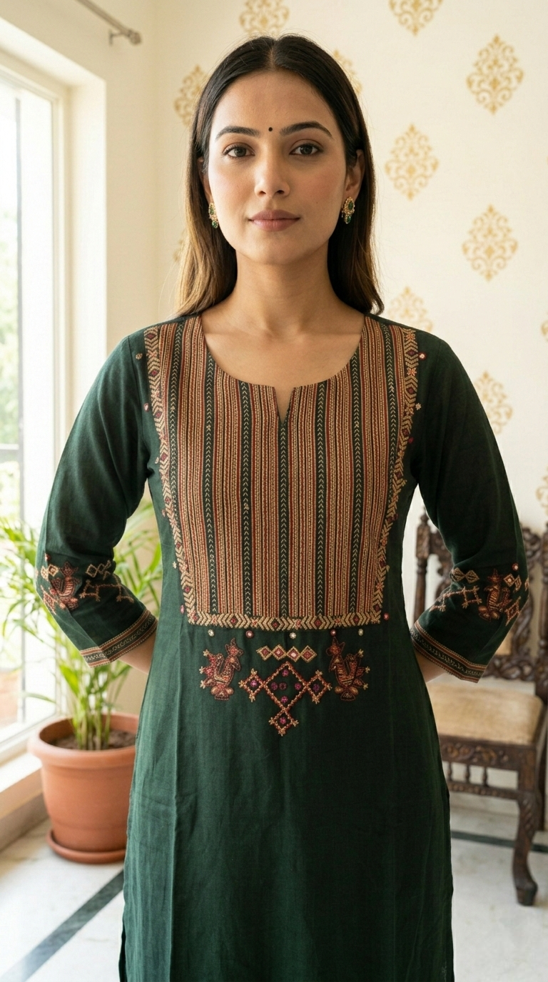 Women Green Thread Work Cotton Kurta Pant Dupatta Set