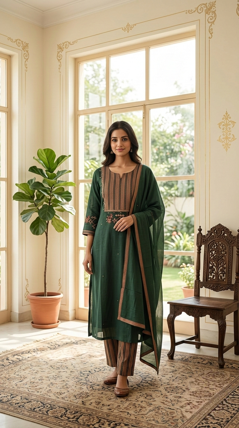 Women Green Thread Work Cotton Kurta Pant Dupatta Set