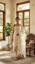 Women White Sequence Work Cotton Kurta Pant Dupatta Set