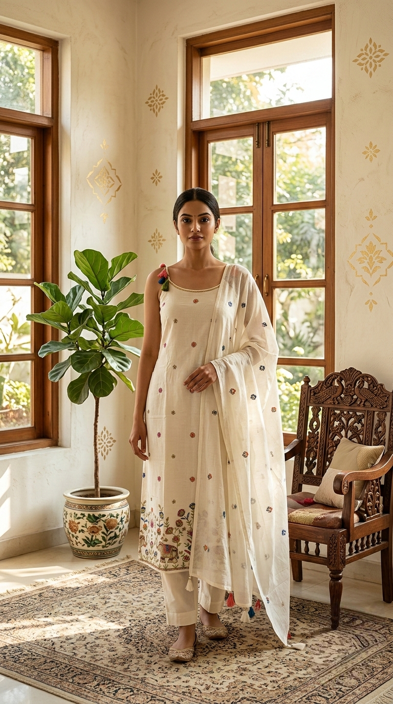 Women White Sequence Work Cotton Kurta Pant Dupatta Set