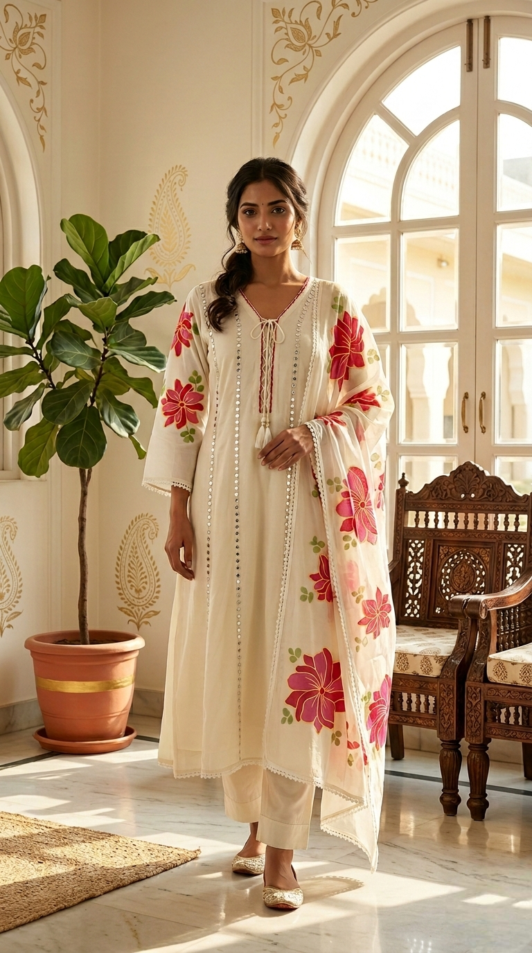 Women Off White Embroidery Cotton Silk Kurta Pant Dupatta Set