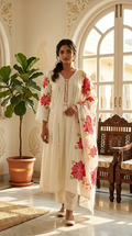 Women Off White Embroidery Cotton Silk Kurta Pant Dupatta Set