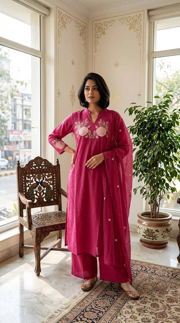 Women Pink Embroidery Cotton Kurta Pant Dupatta Set