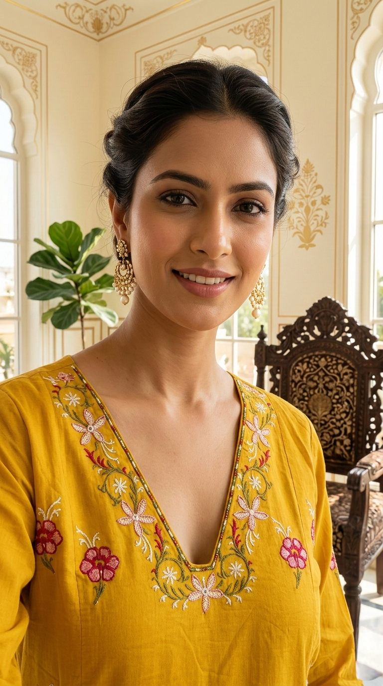 Women Yellow Embroidery Mul Cotton Kurta Pant Dupatta Set