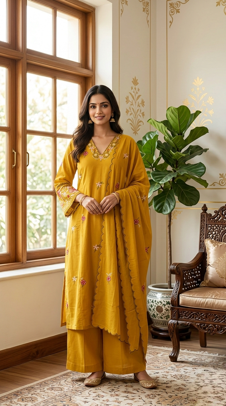 Women Yellow Embroidery Mul Cotton Kurta Pant Dupatta Set