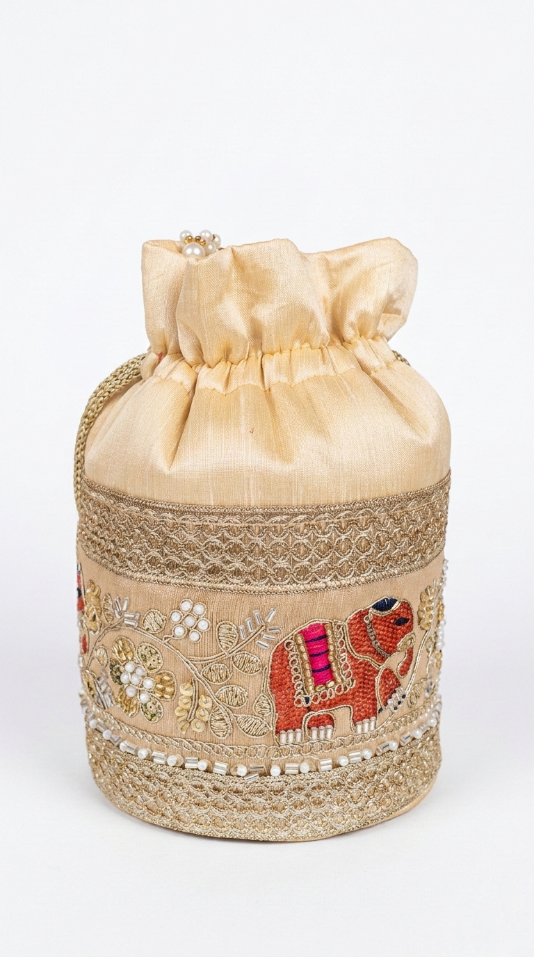 Super Classic Beige Intricate Embroidery & Pearl Potli Bag