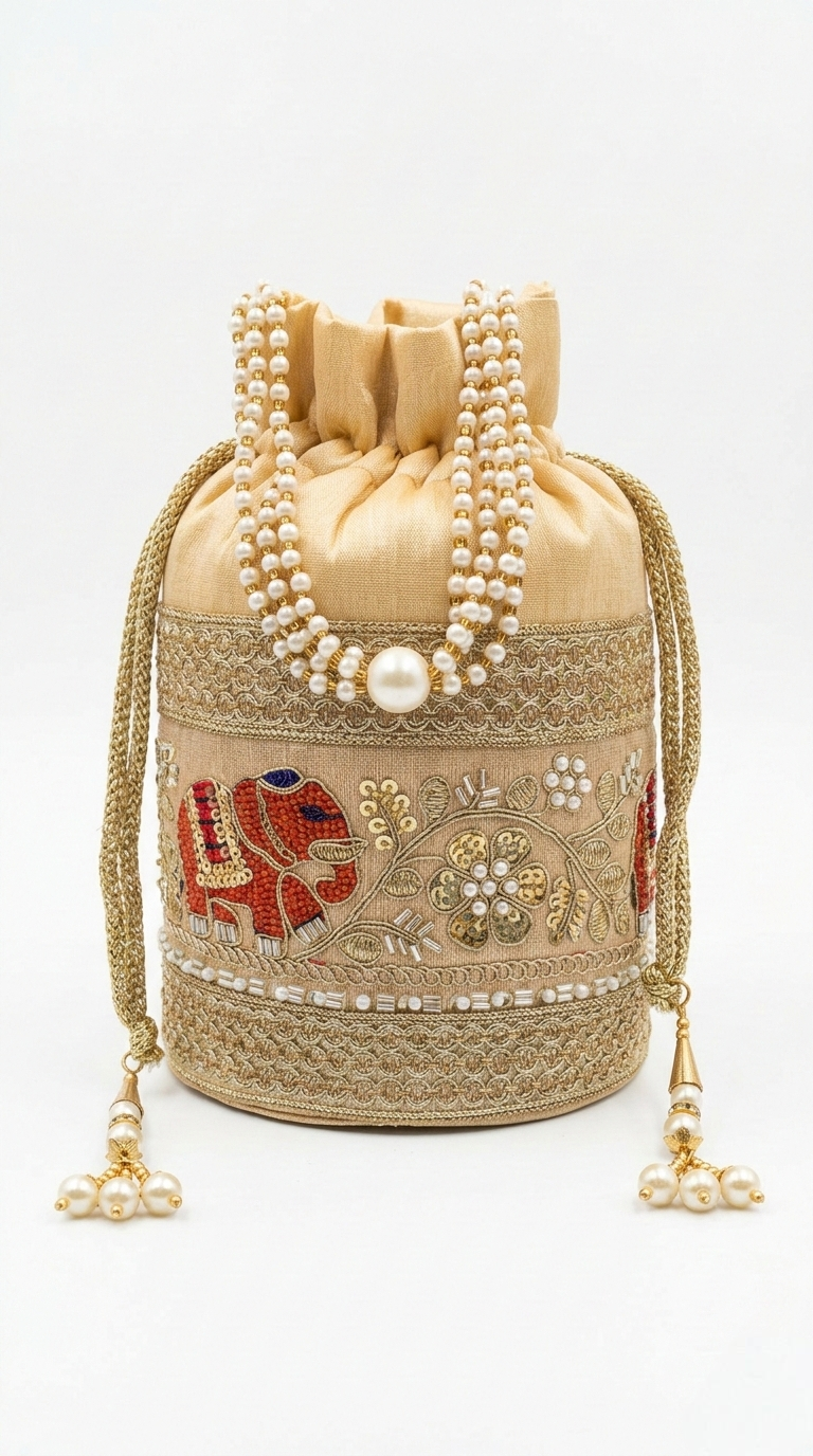 Super Classic Beige Intricate Embroidery & Pearl Potli Bag