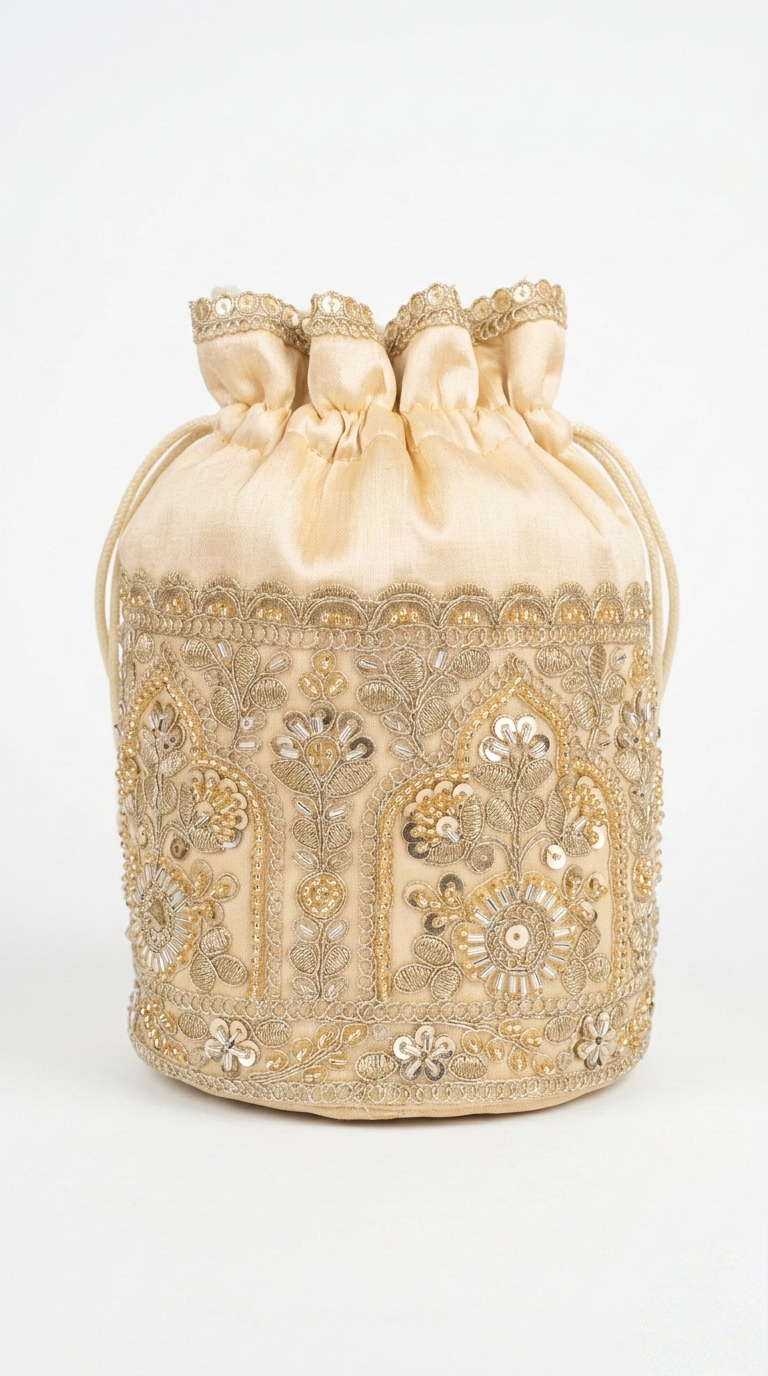 Super Classic Beige Golden Zari Embroidered Potli Bag