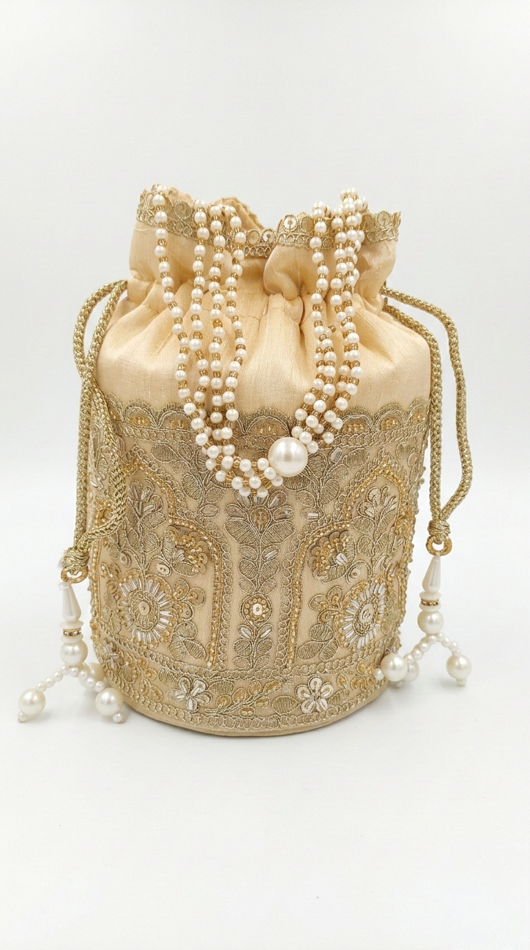 Super Classic Beige Golden Zari Embroidered Potli Bag