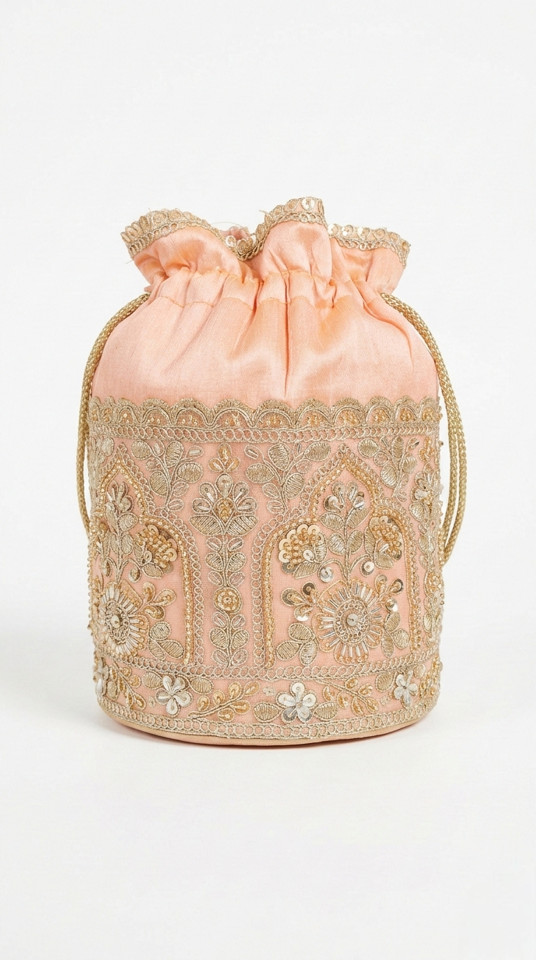 Super Classic Peach Golden Zari Embroidered Potli Bag