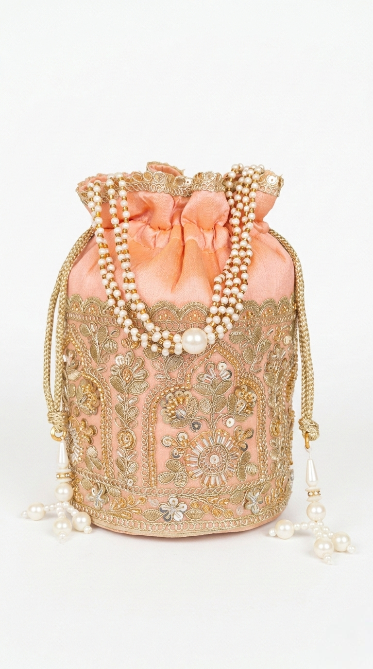 Super Classic Peach Golden Zari Embroidered Potli Bag