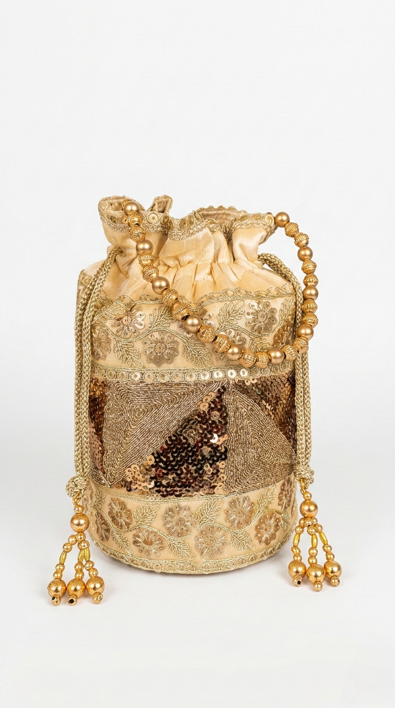 Super Classic Beige Golden Zari Embroidered & Beads Potli Bag