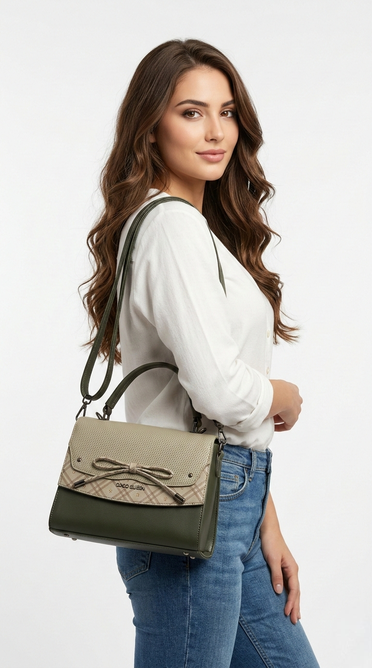 Super Classic Green Dotted Flap Bow Accent Satchel Handbag