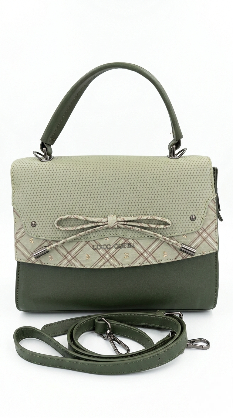 Super Classic Green Dotted Flap Bow Accent Satchel Handbag