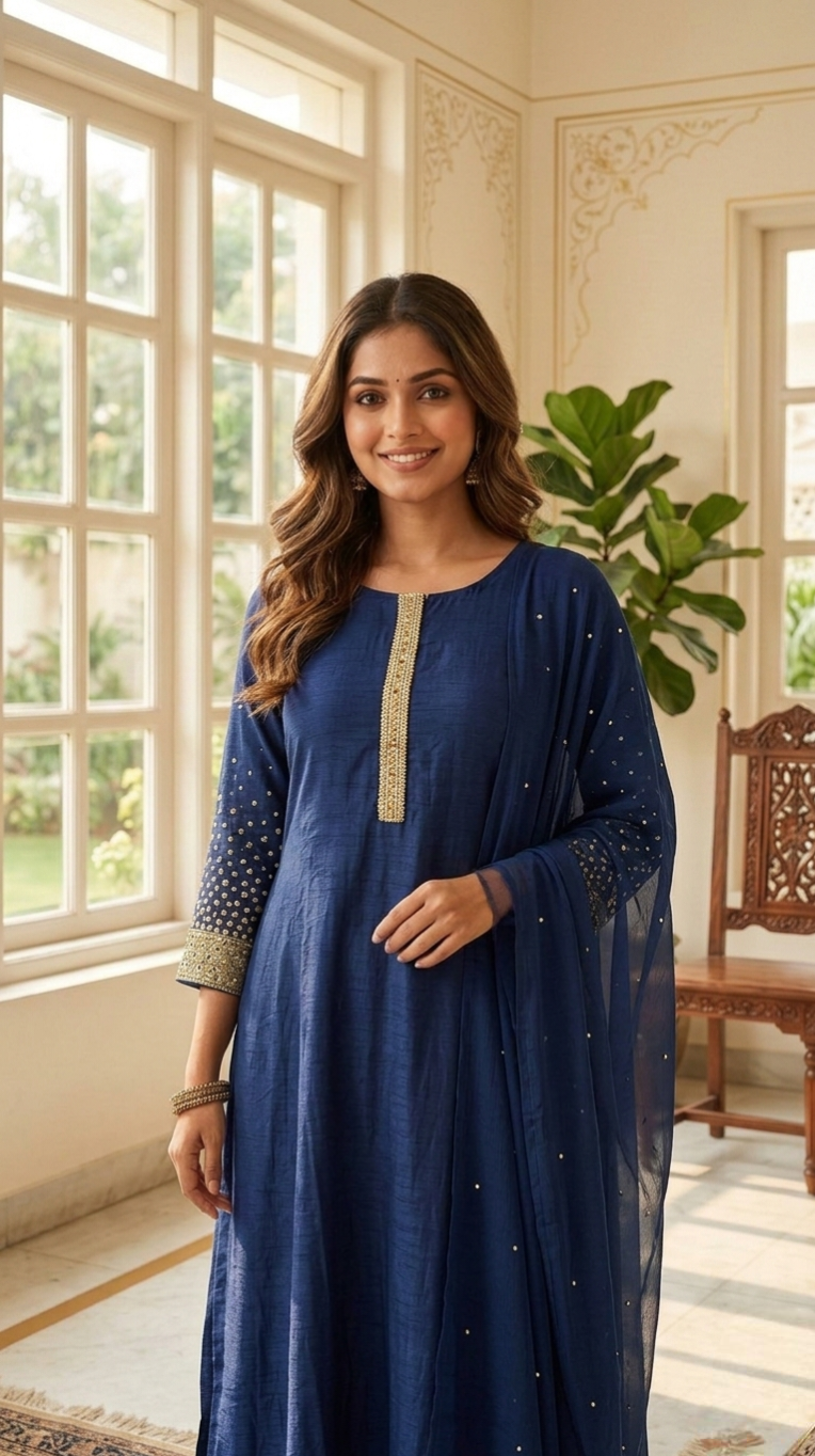 Women Navy Blue Mirror Work Chinon Kurta Pant Dupatta Set