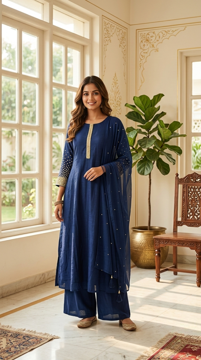 Women Navy Blue Mirror Work Chinon Kurta Pant Dupatta Set