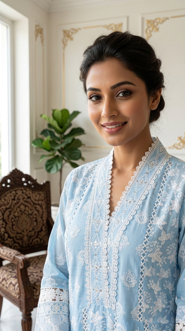 Women Sky Blue Thread Work Mul Cotton Kurta Pant Dupatta Set