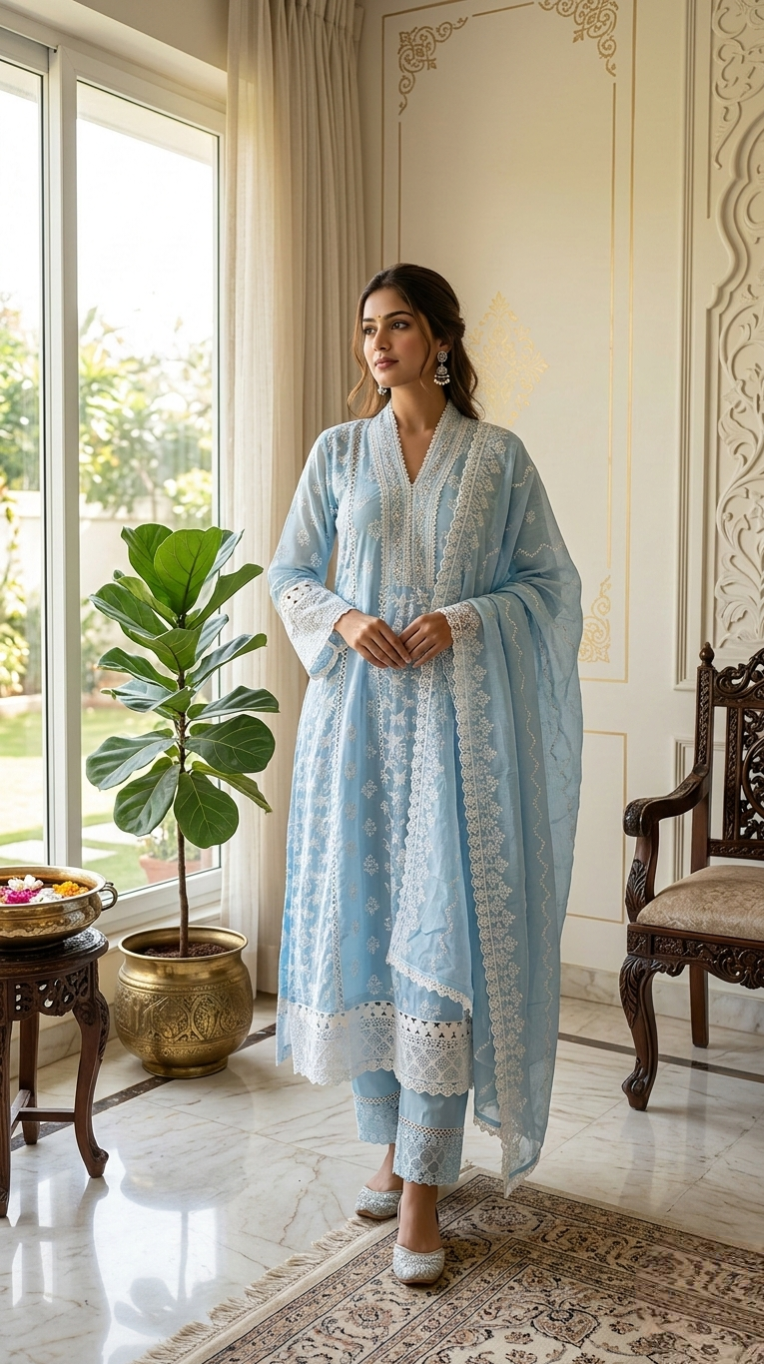 Women Sky Blue Thread Work Mul Cotton Kurta Pant Dupatta Set