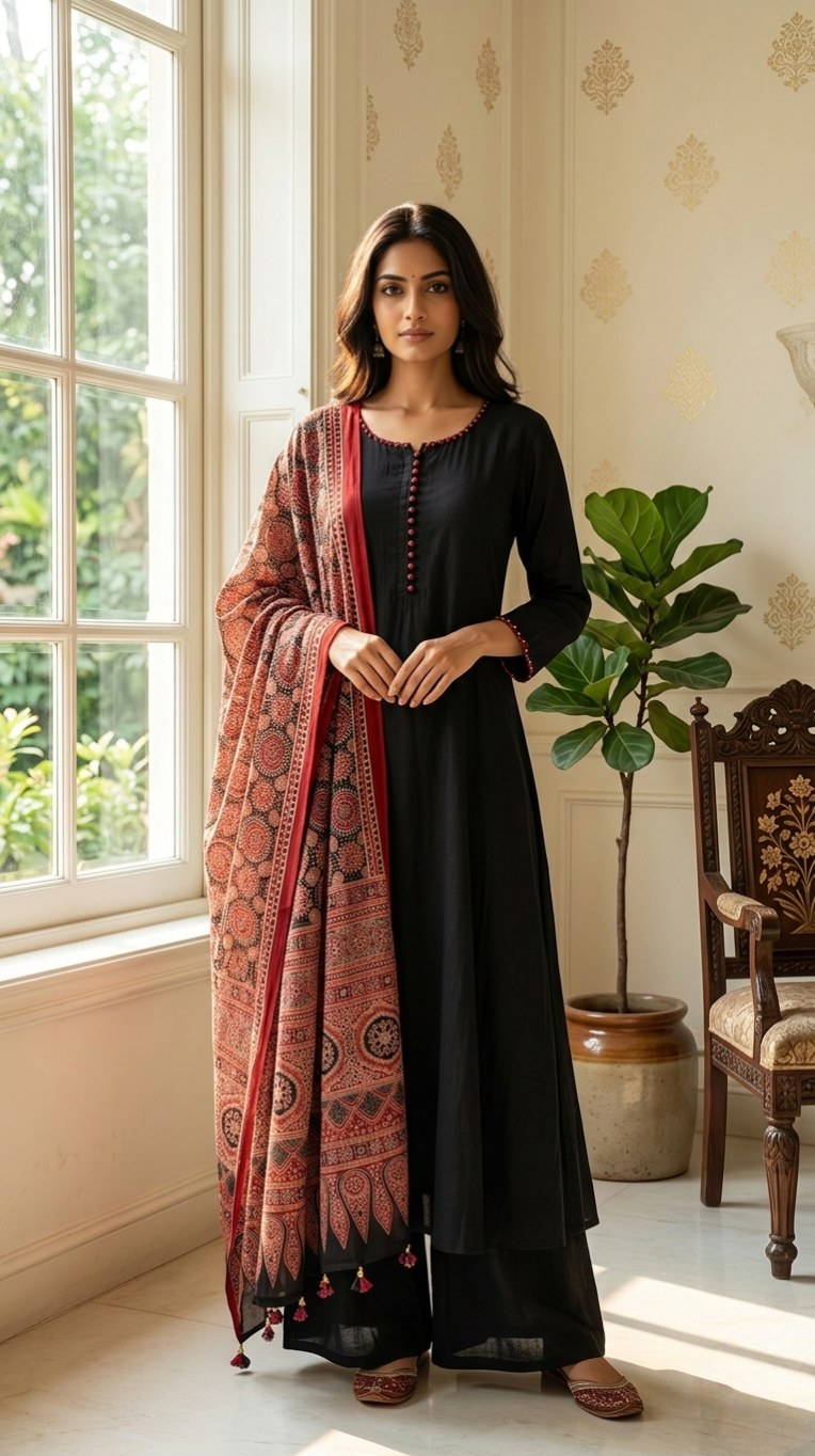 Women Black Thread Work Cotton Kurta Plazo Dupatta Set