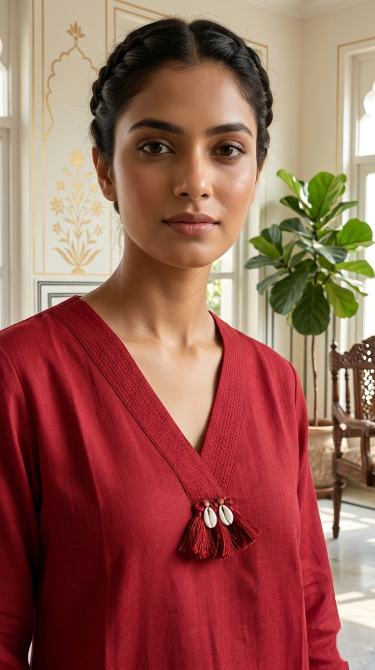 Women Red Embroidered Cotton Kurta Pant Dupatta Set