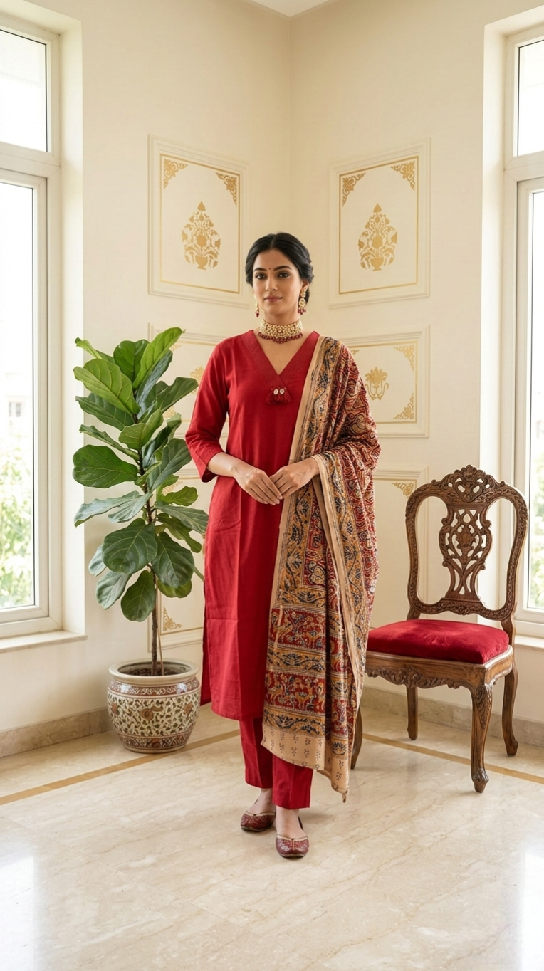 Women Red Embroidered Cotton Kurta Pant Dupatta Set
