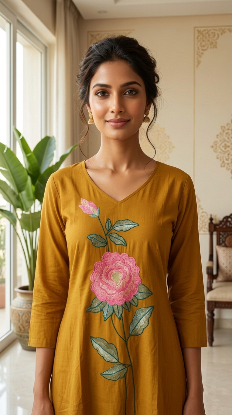 Women Golden Floral Embroidered Cotton Kurta Pant Dupatta Set