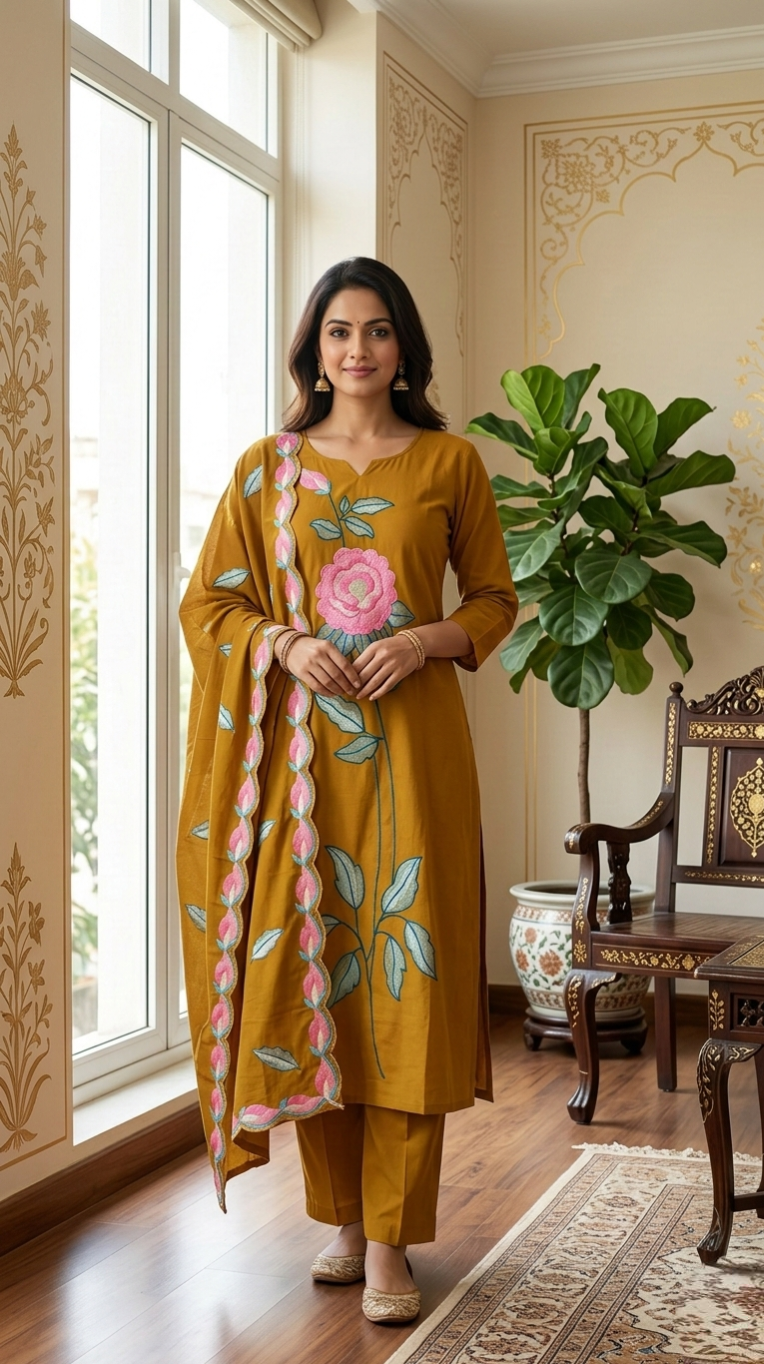 Women Golden Floral Embroidered Cotton Kurta Pant Dupatta Set