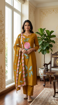 Women Golden Floral Embroidered Cotton Kurta Pant Dupatta Set