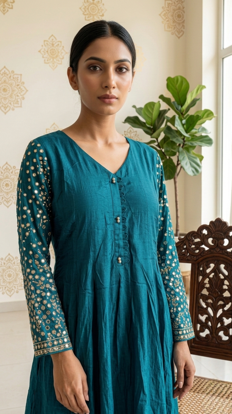 Women Teal Blue Mirror Work Chinon Kurta Pant Dupatta Set