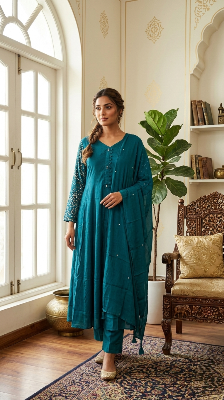 Women Teal Blue Mirror Work Chinon Kurta Pant Dupatta Set