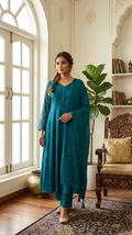 Women Teal Blue Mirror Work Chinon Kurta Pant Dupatta Set