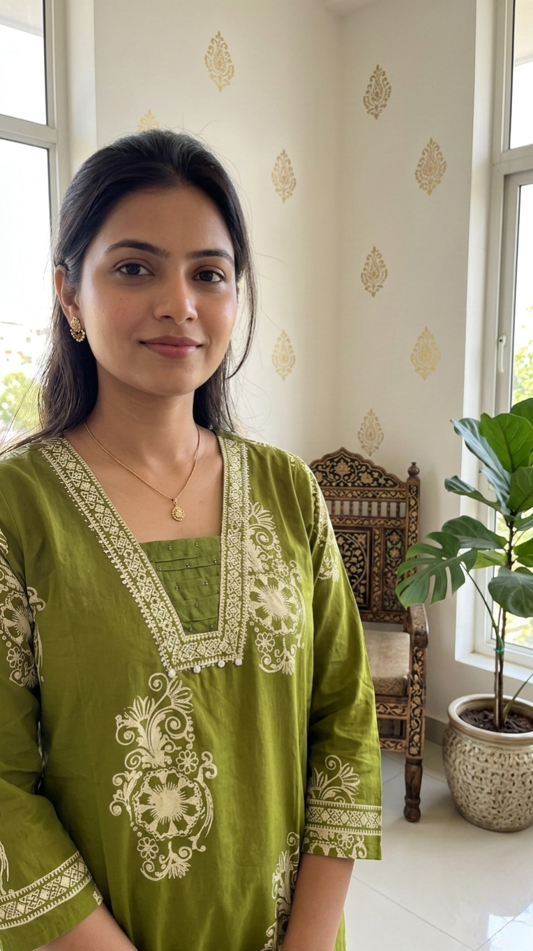 Women Light Green Printed With Beads Work Cotton Kurta Pant Dupatta Set