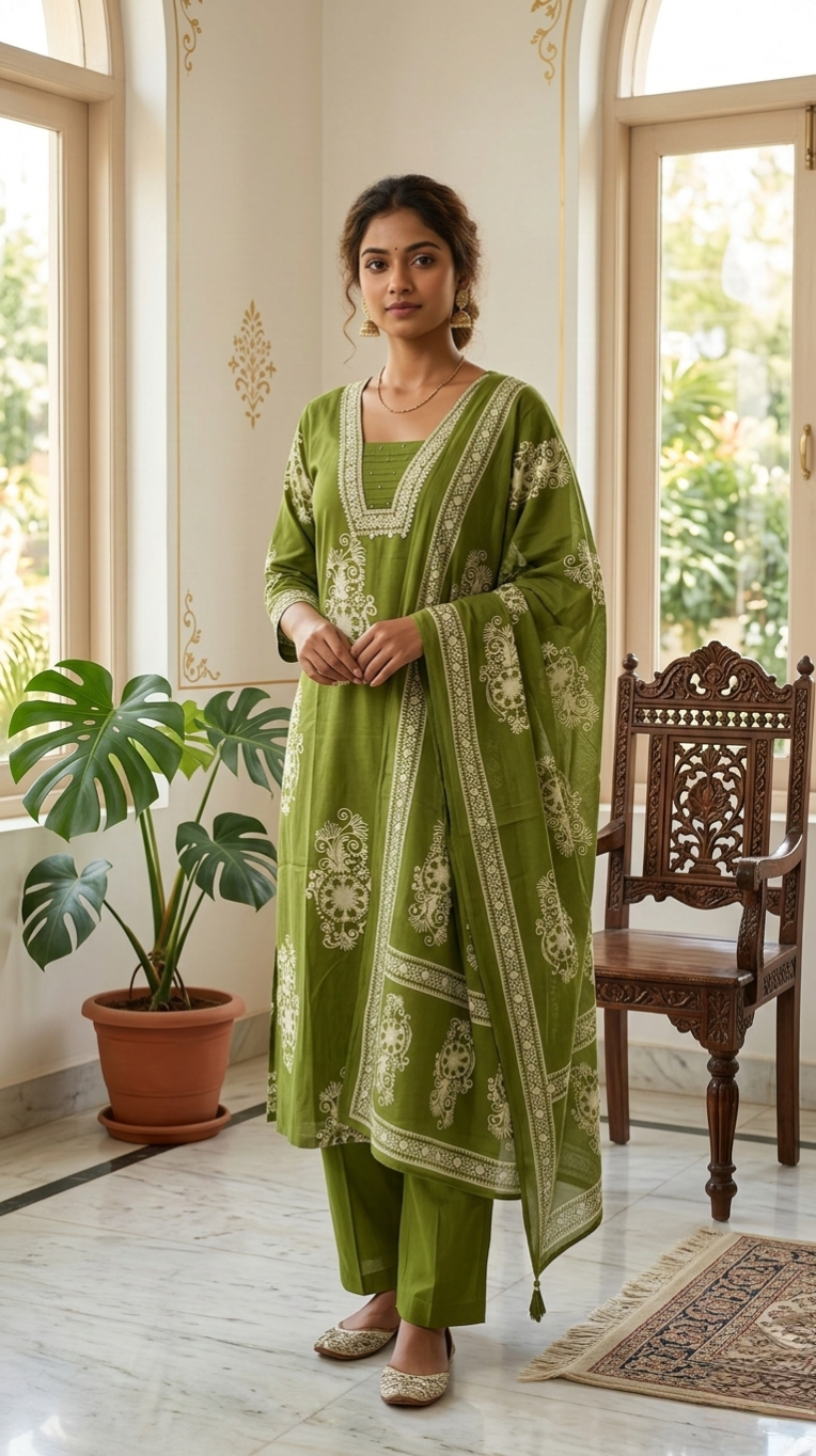 Women Light Green Printed With Beads Work Cotton Kurta Pant Dupatta Set
