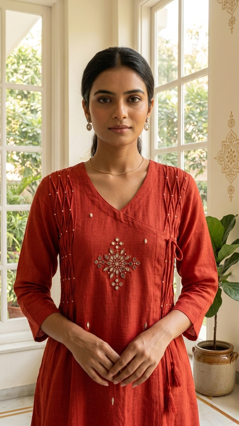 Women Rust Mirror Work Cotton Kurta Pant Dupatta Set