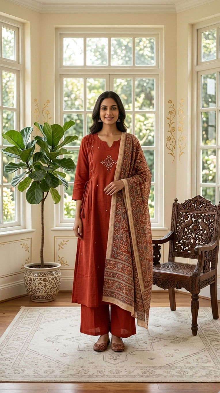 Women Rust Mirror Work Cotton Kurta Pant Dupatta Set
