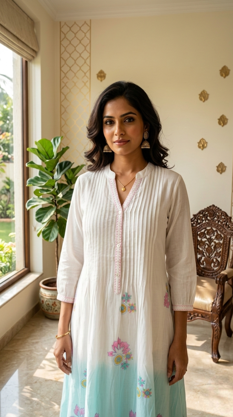 Women White With Sky Blue Thread Work Mul Cotton Kurta Pant Dupatta Set
