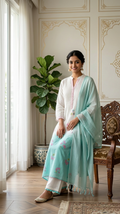 Women White With Sky Blue Thread Work Mul Cotton Kurta Pant Dupatta Set