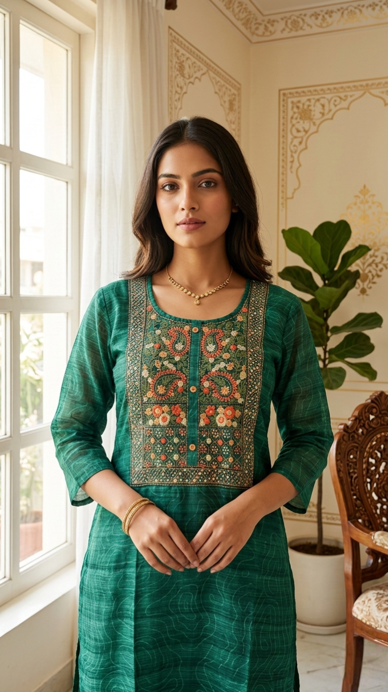 Women Green Thread Work Chanderi Silk Kurta Pant Dupatta Set