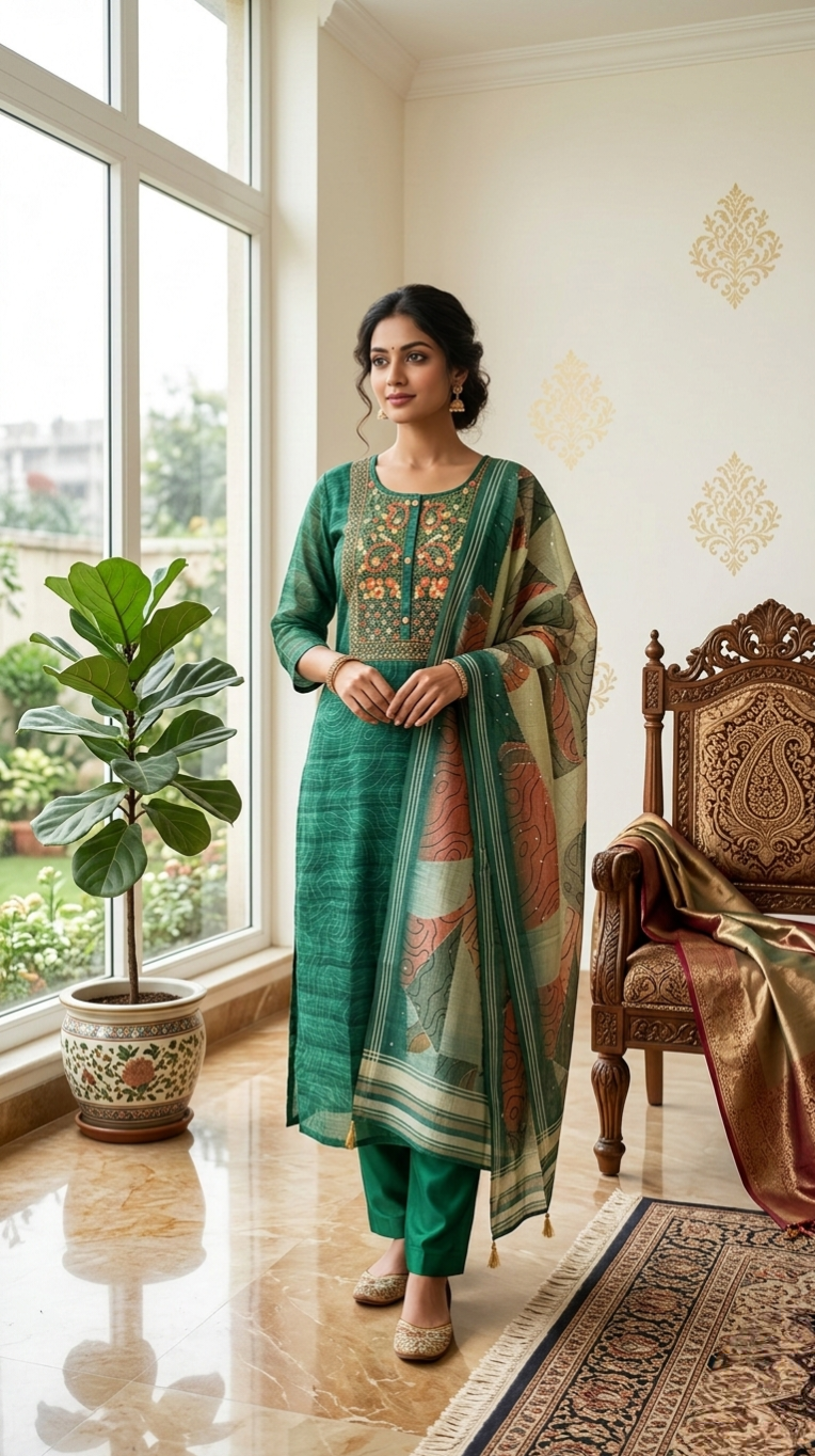 Women Green Thread Work Chanderi Silk Kurta Pant Dupatta Set