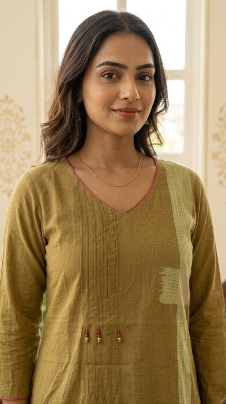 Women Mehendi Printed With Thread Work Cotton Kurta Pant Set