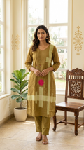 Women Mehendi Printed With Thread Work Cotton Kurta Pant Set