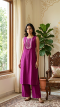 Women Purple Embroidered Cotton Kurta Pant Set