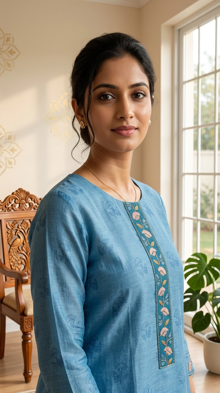 Women Sky Blue Katha Stich Work Chanderi Silk Kurta Pant Dupatta Set