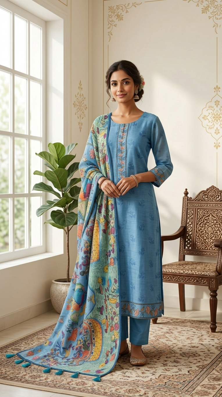 Women Sky Blue Katha Stich Work Chanderi Silk Kurta Pant Dupatta Set