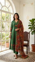 Women Dark Green Patch Work Cotton Kurta Pant Dupatta Set