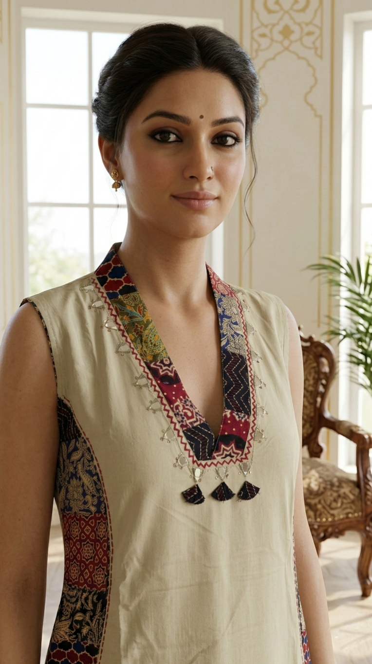Women Beige Mirror With Patch Work Cotton Kurta Pant Dupatta Set