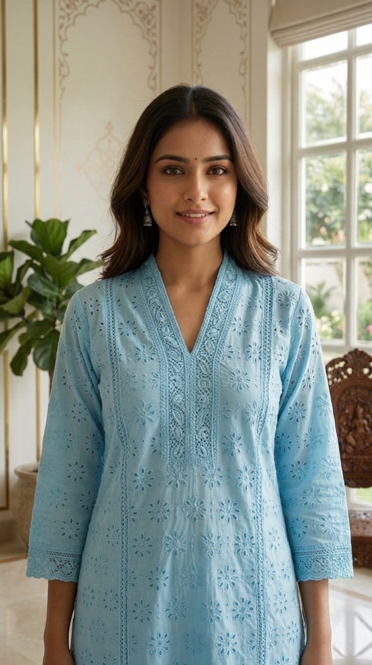 Women Sky Blue Embroidered Cotton Kurta Pant Set